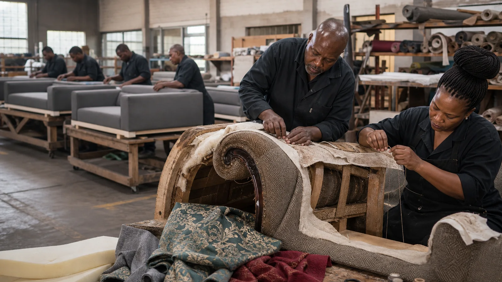 South African workshop comparing couch production with detailed custom reupholstery