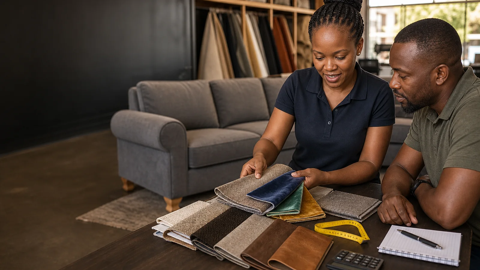 Black South African upholstery consultant and customer comparing couch fabric samples