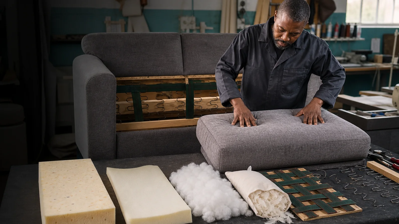South African upholsterer inspecting a sagging couch cushion and support materials
