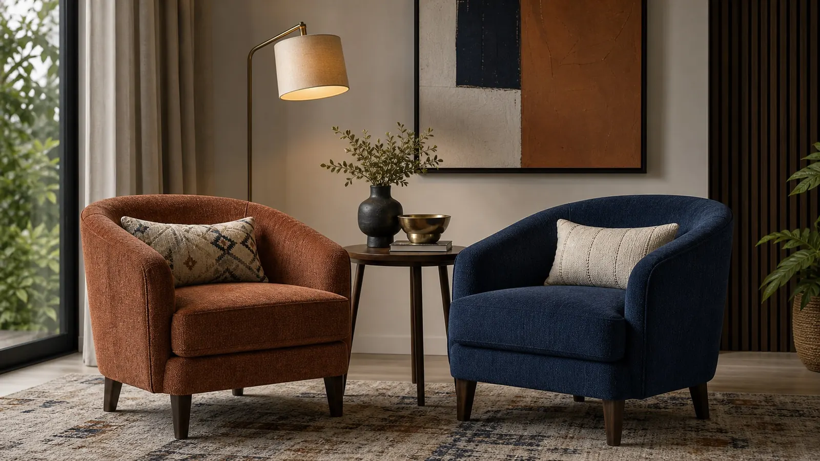 Pair of premium upholstered occasional chairs in rust and navy fabric