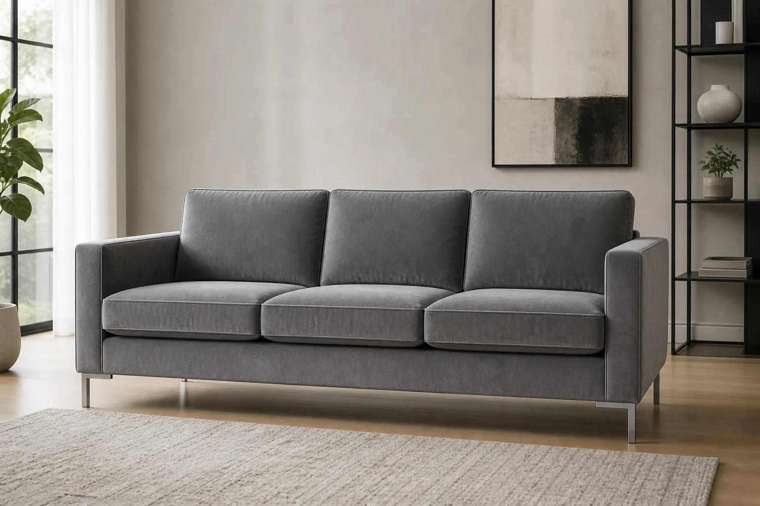Grey velvet 3 seater couch with silver steel legs Grey velvet 3 seater couch with silver steel legs