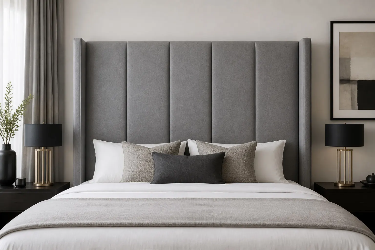 Grey upholstered winged headboard