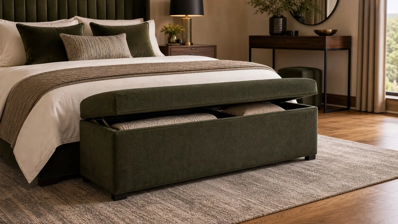 Premium upholstered storage kist at the foot of a bed