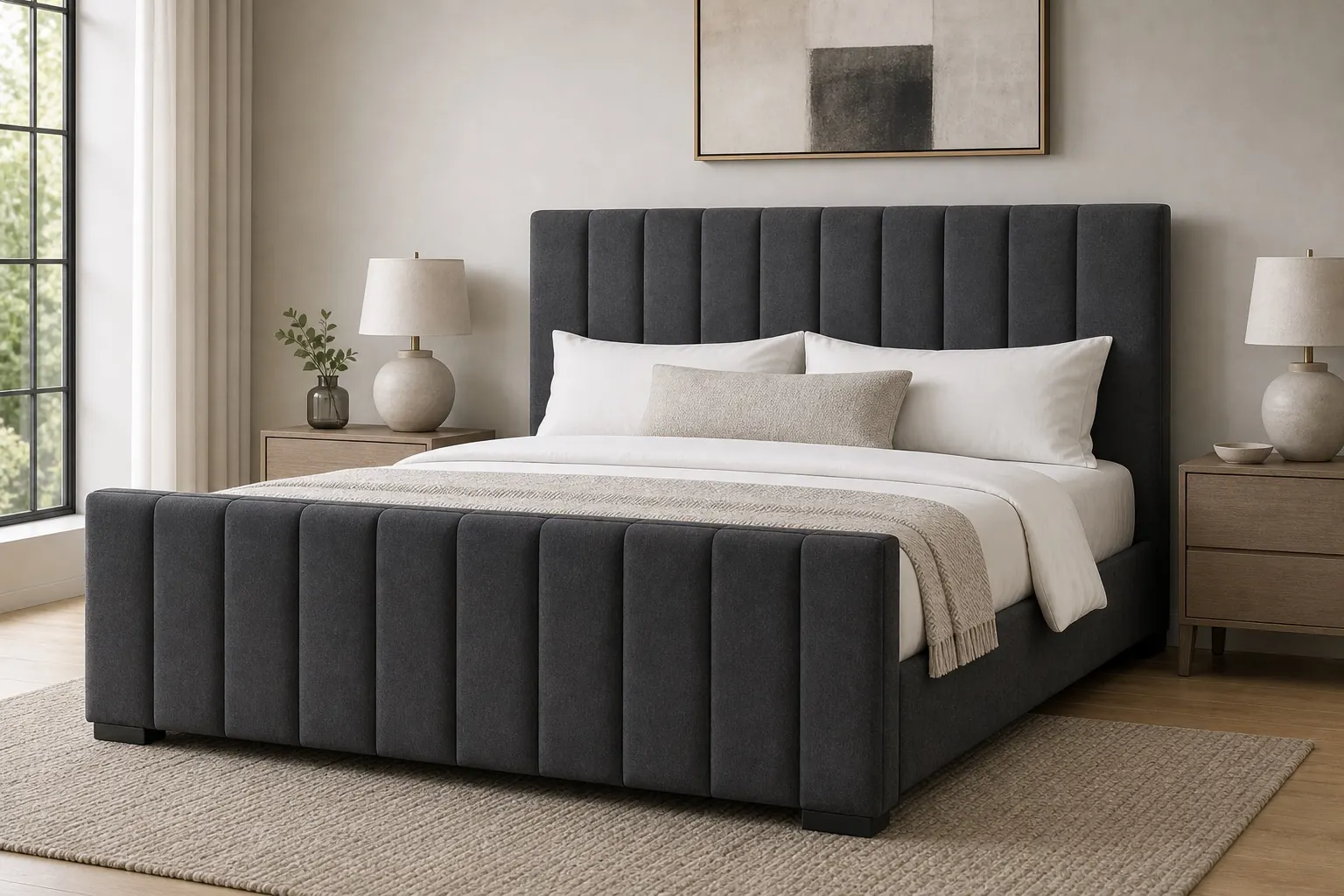 Dark grey upholstered panel sleigh bed with flat headboard and footboard tops