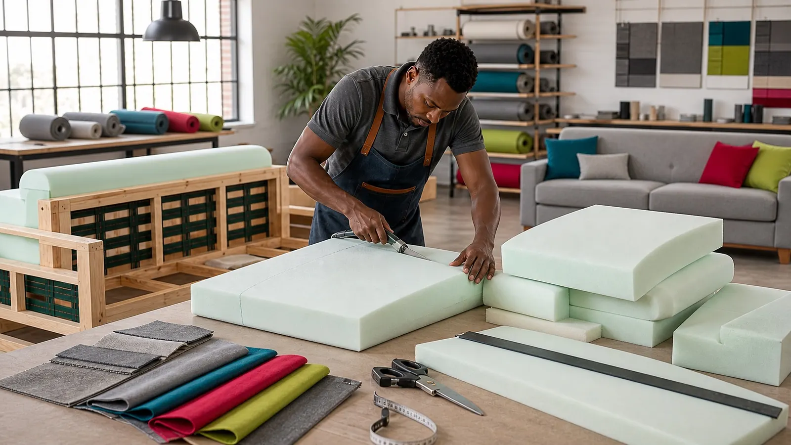 Foam cushions being measured and shaped for a couch