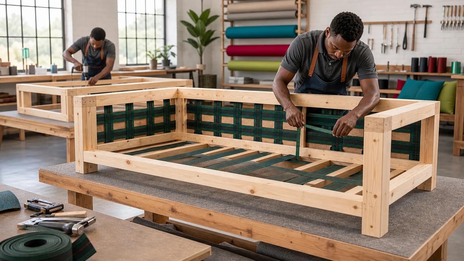 Wooden couch frame and support being prepared in the workshop