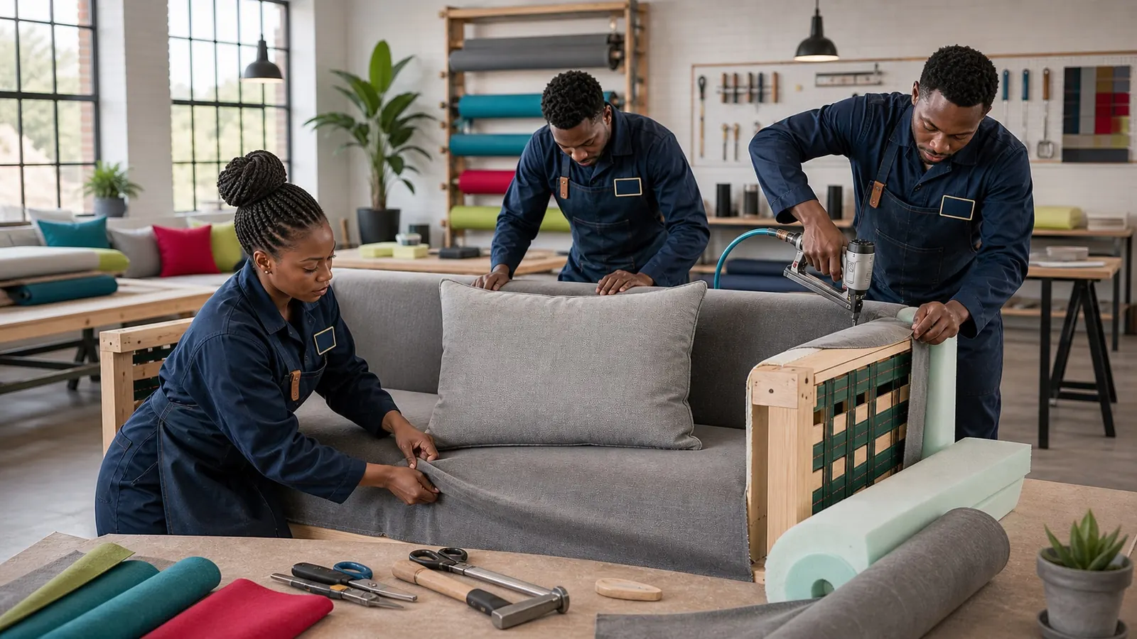 Black South African upholstery team manufacturing a couch in a professional workshop