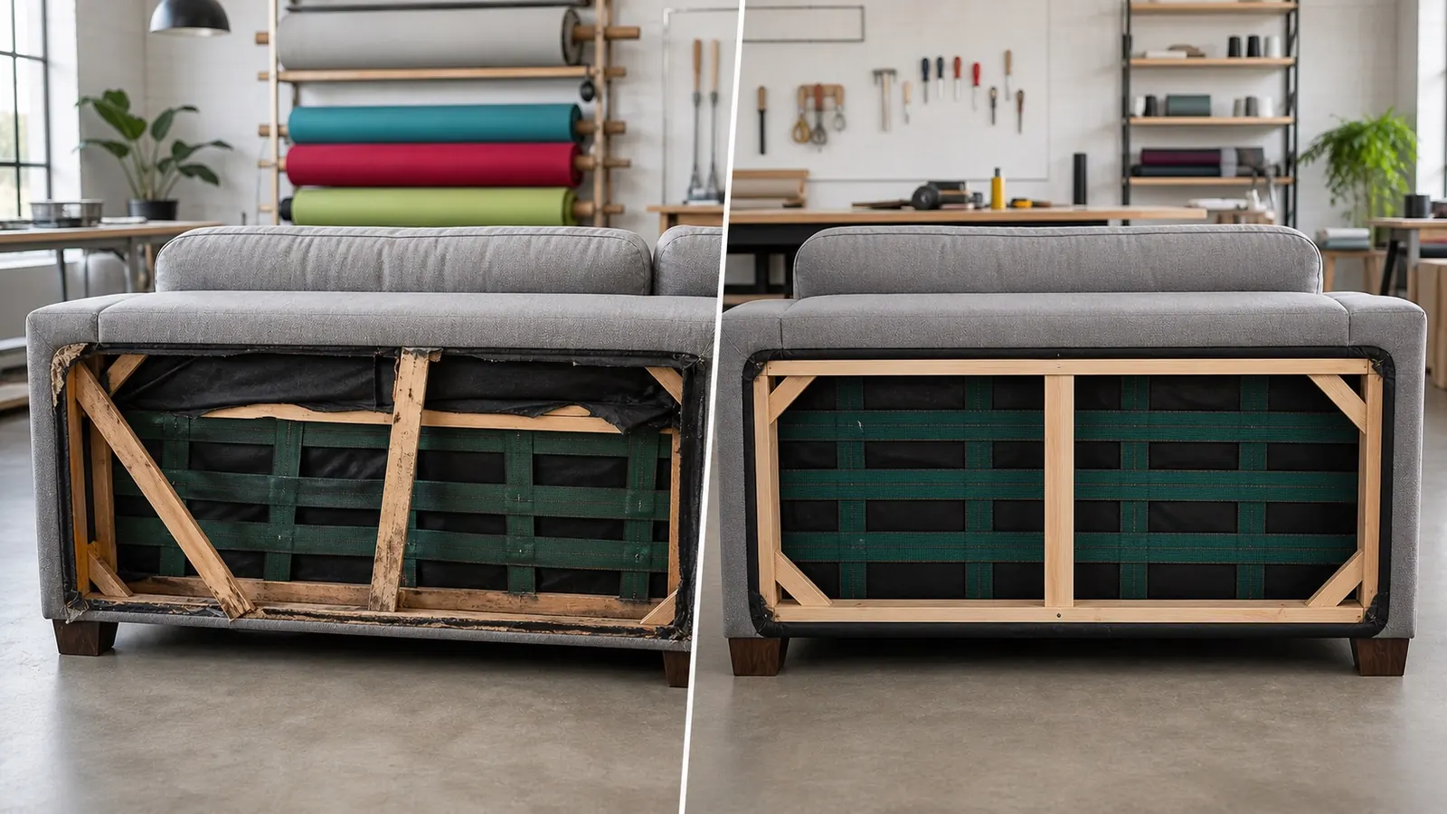 Before and after repair of broken couch frame support