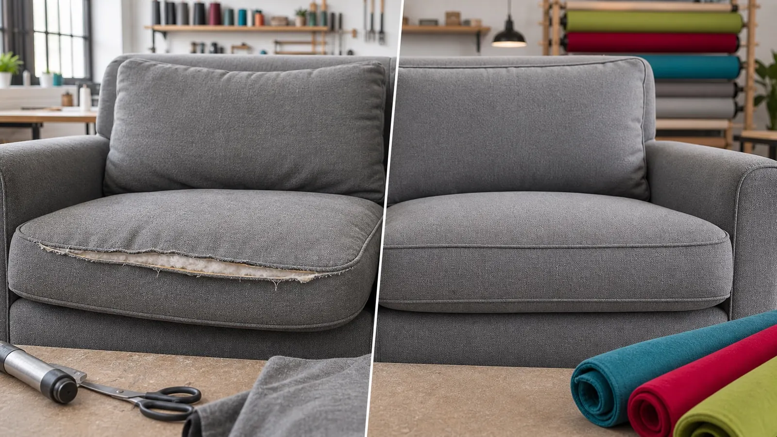 Torn couch seam and cushion restored after repair