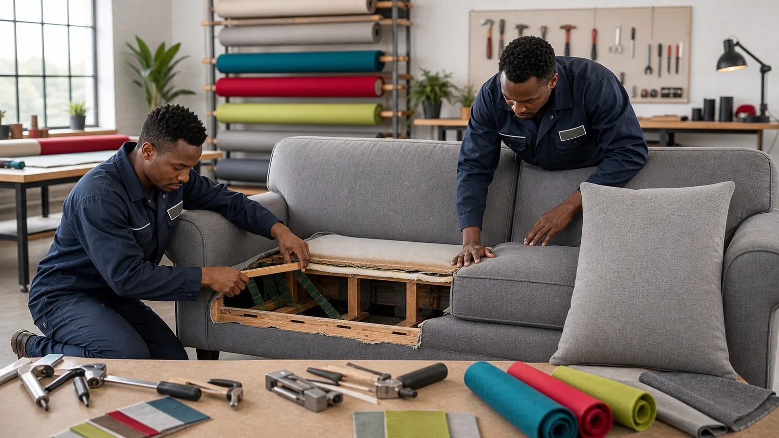 Black South African repair team working on a damaged couch in a professional workshop