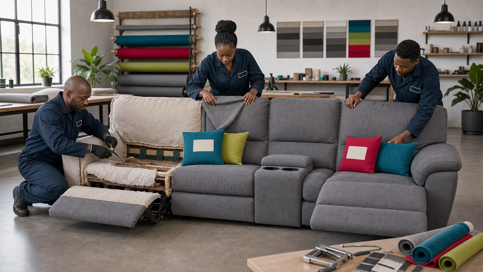 Black South African upholsterers reupholstering a reclining lounge suite in a professional workshop