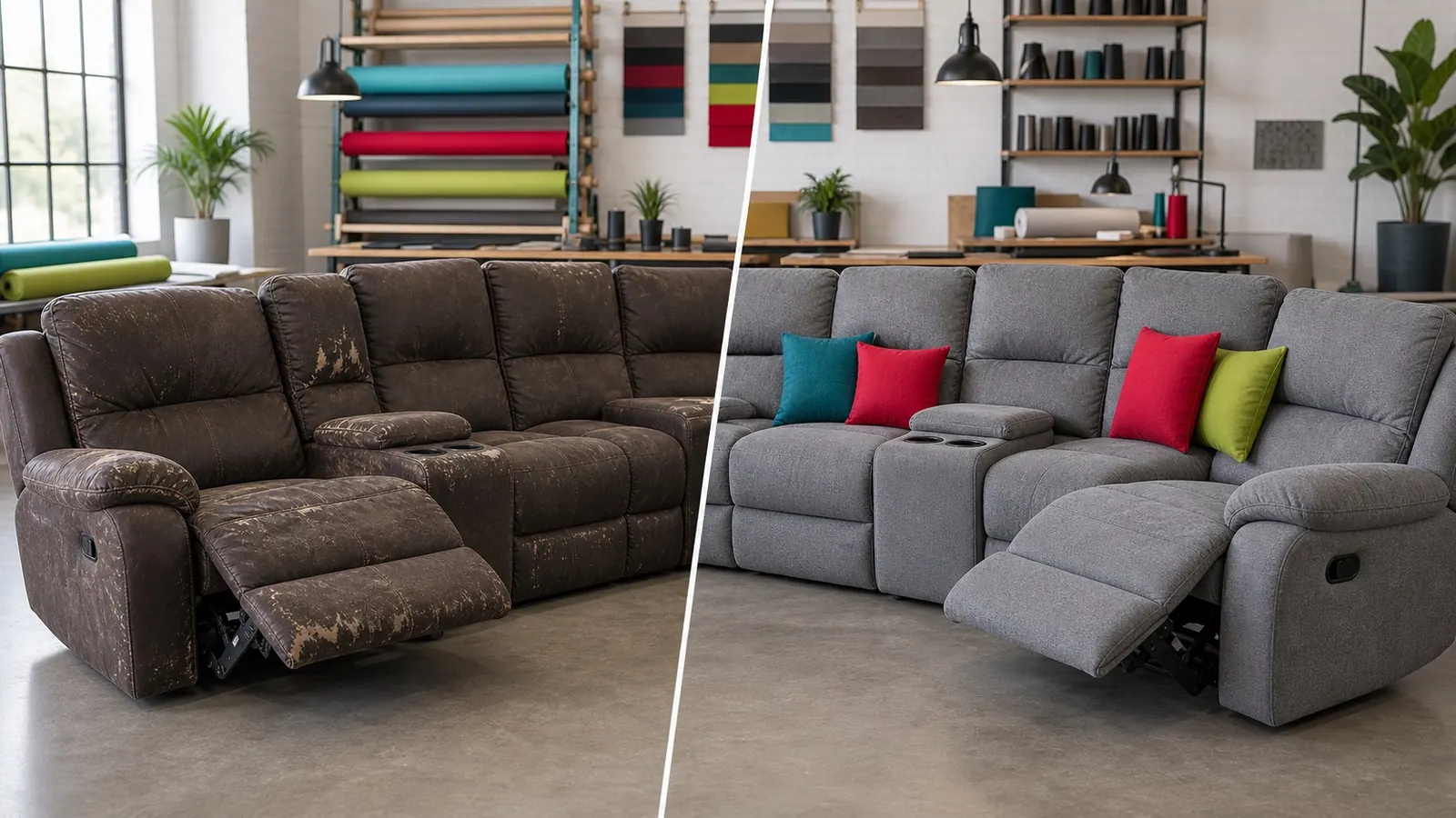 Before and after reupholstered reclining lounge suite