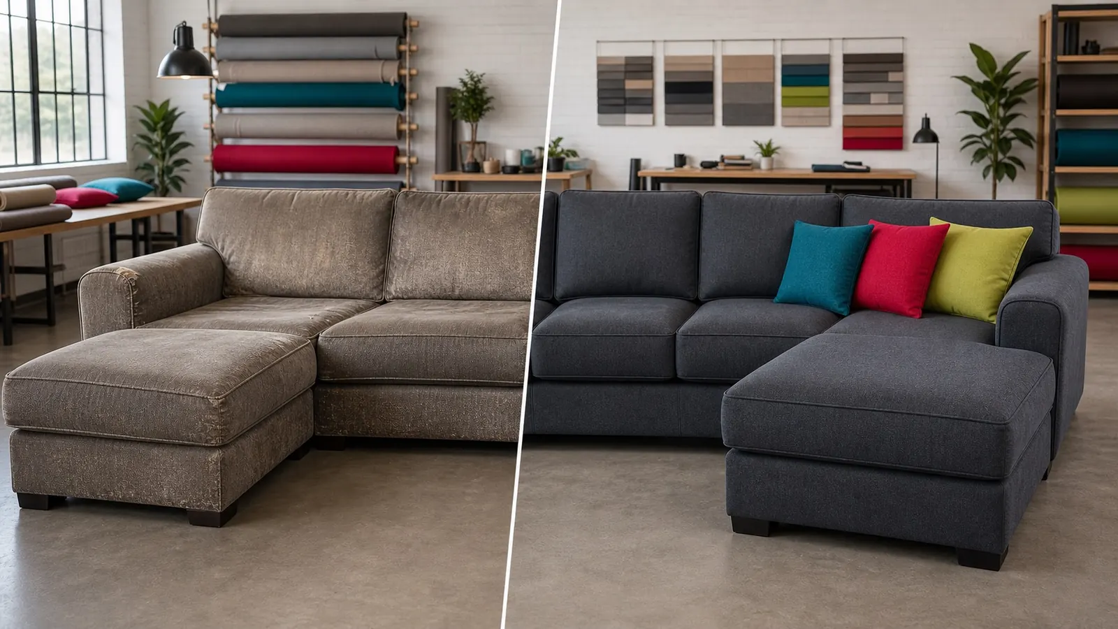 Before and after sectional couch reupholstery