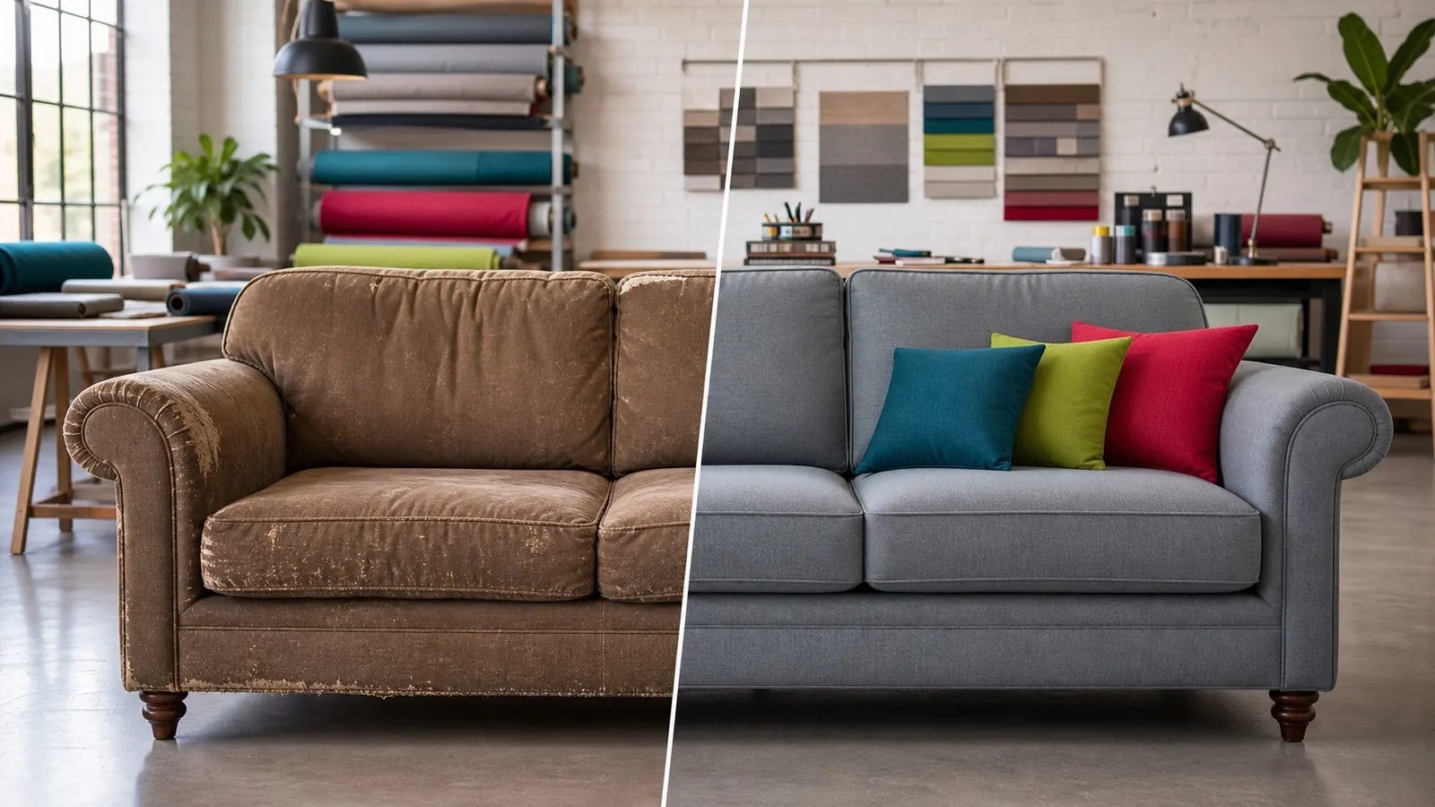 Before and after reupholstered couch transformation Before and after reupholstered couch transformation