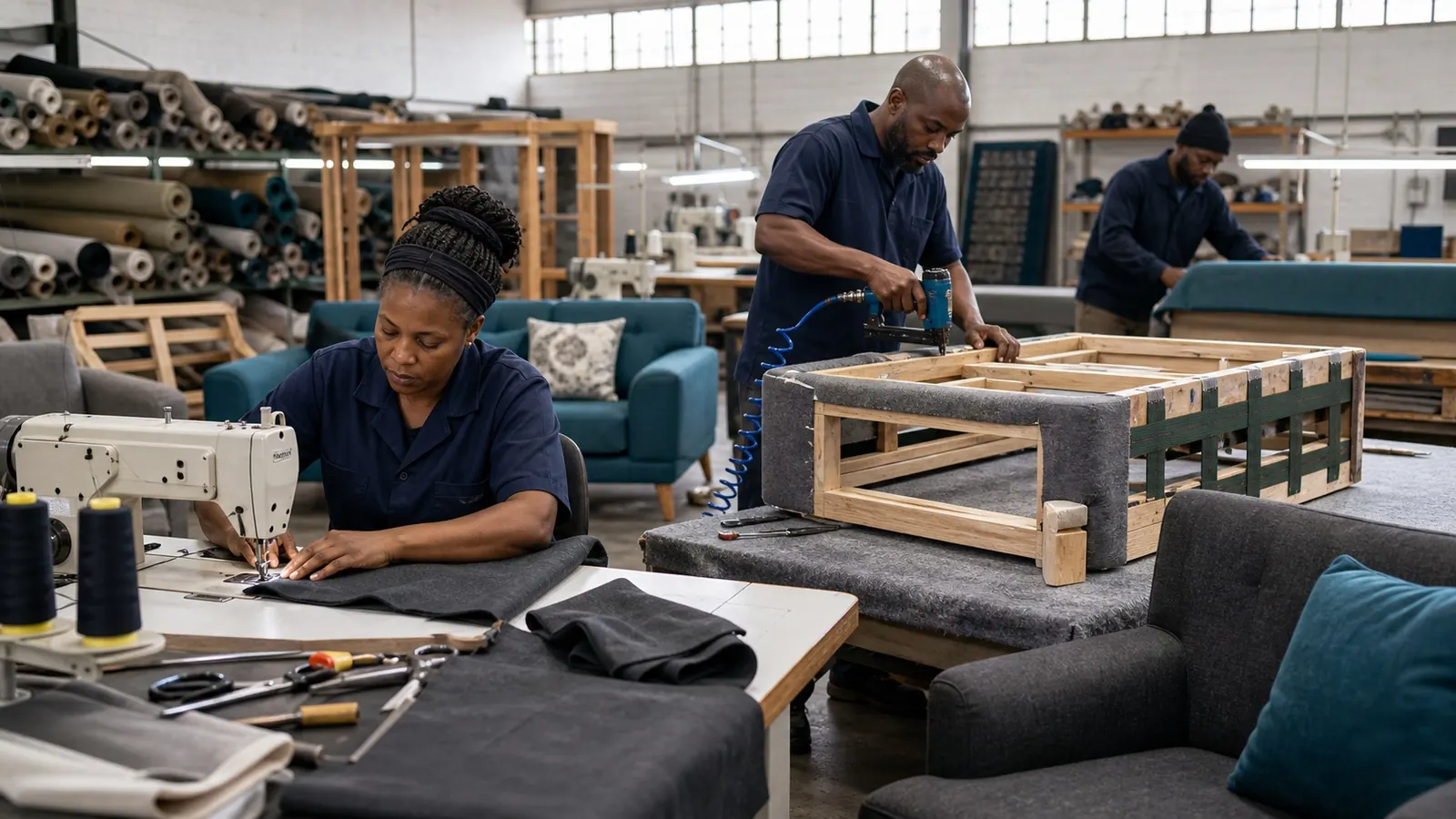 Pretoria upholstery workshop with skilled makers building a couch frame